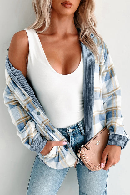 Stone Blue Plaid Corduroy Reversible Button Up Shacket