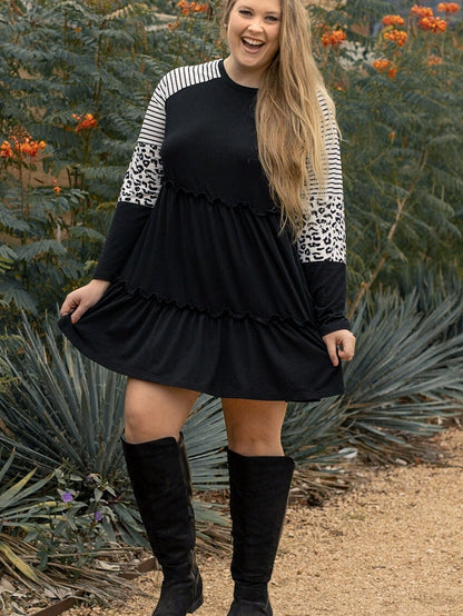 Black Plus Size Striped Leopard Patch Sleeve Ruffle Tiered Dress