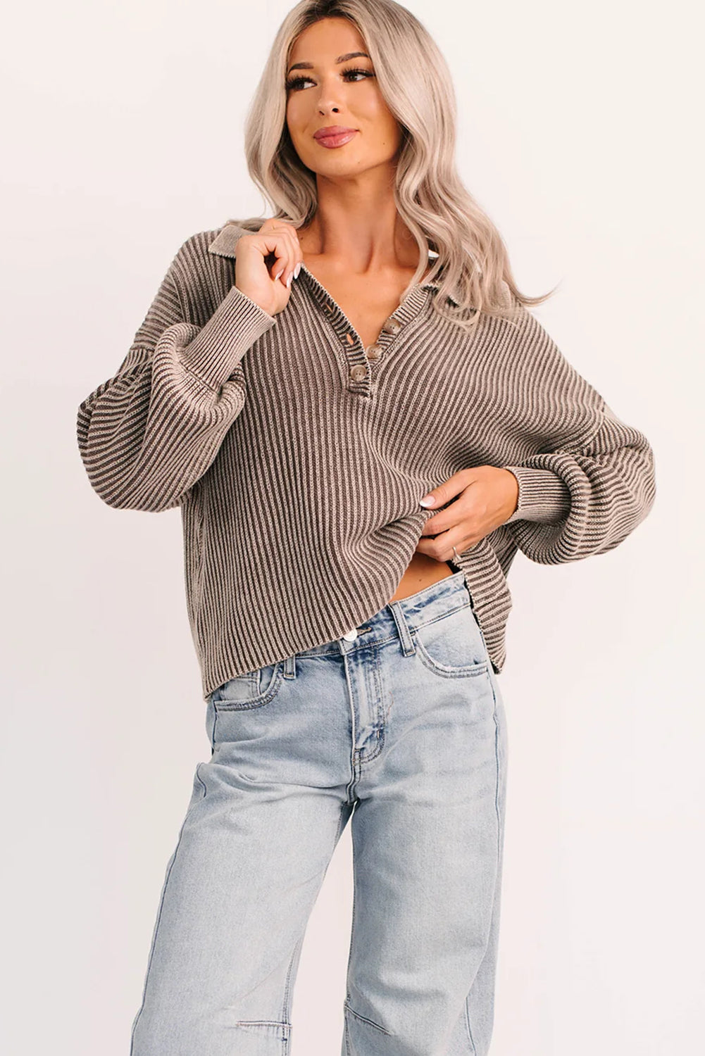 Dark Brown Mineral Washed Knit Button Polo Collar Loose Sweater