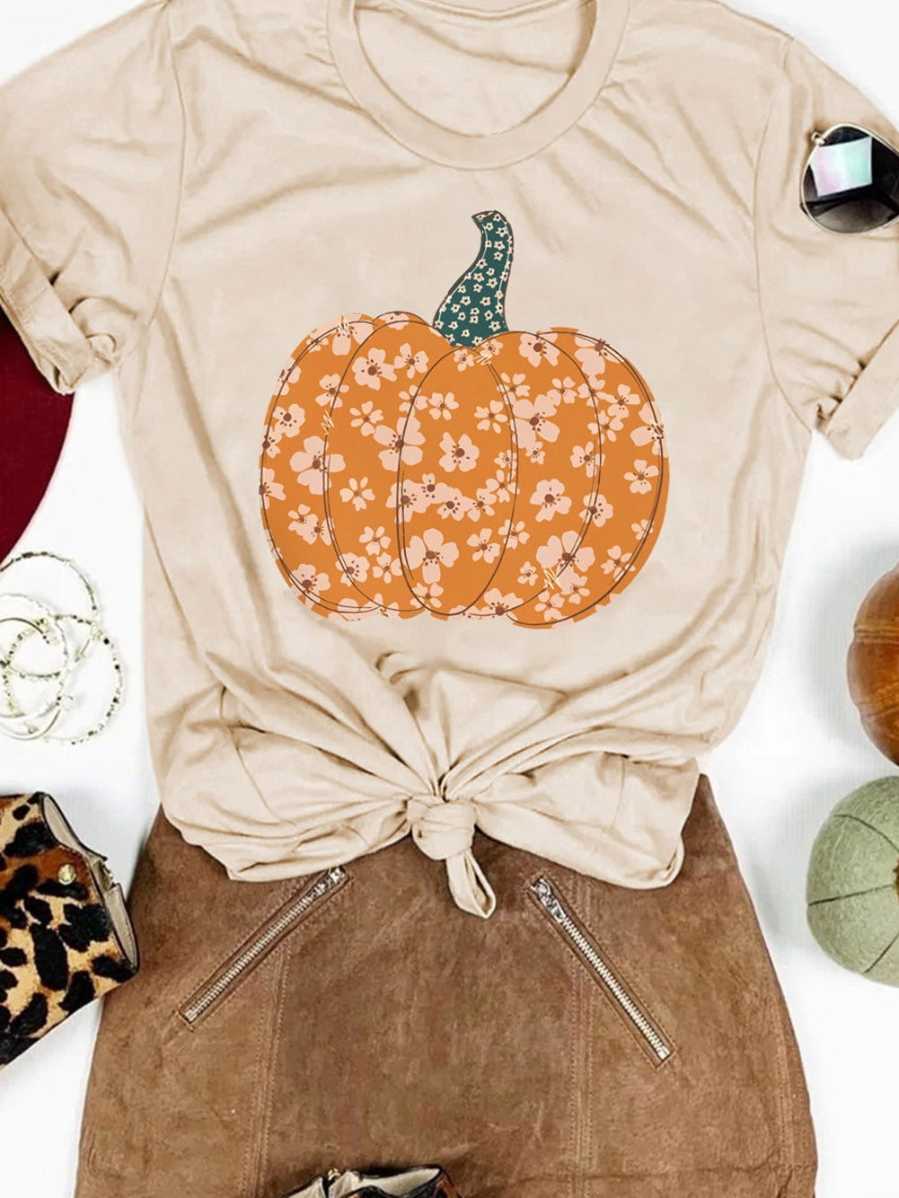 Floral Pumpkin Print Khaki Graphic Tee