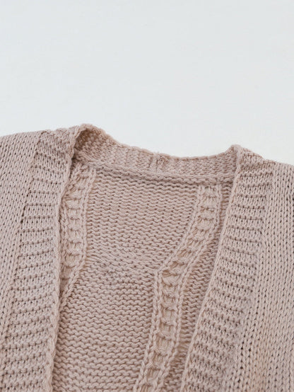 Apricot Eyelet Cable Knit Cardigan with Ribbed Trim
