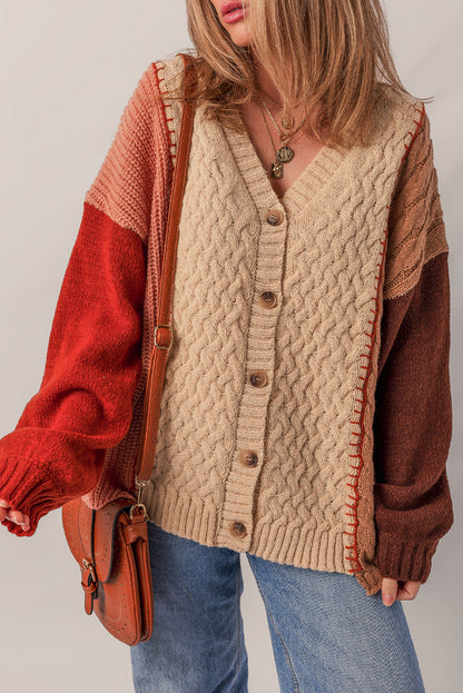 Light French Beige Color Block Mixed Texture Patchwork Button V Neck Sweater Cardigan