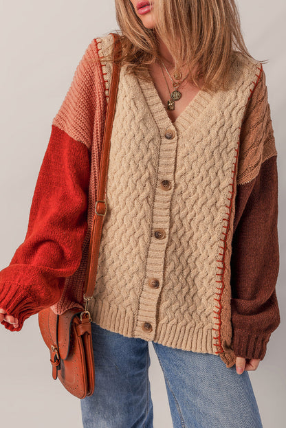 Light French Beige Color Block Mixed Texture Patchwork Button V Neck Sweater Cardigan