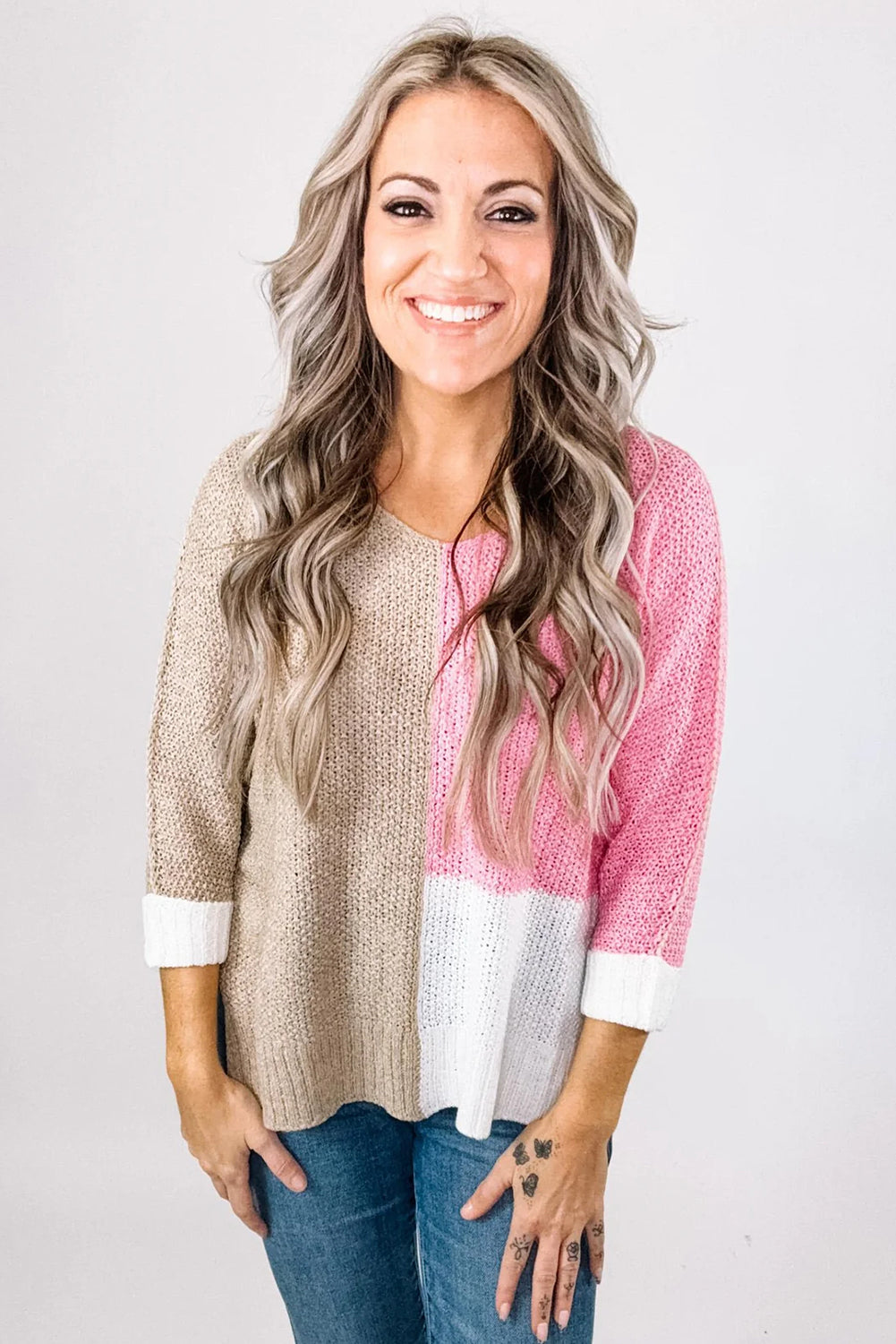 Pink Color Block Knit V Neck Loose Sweater