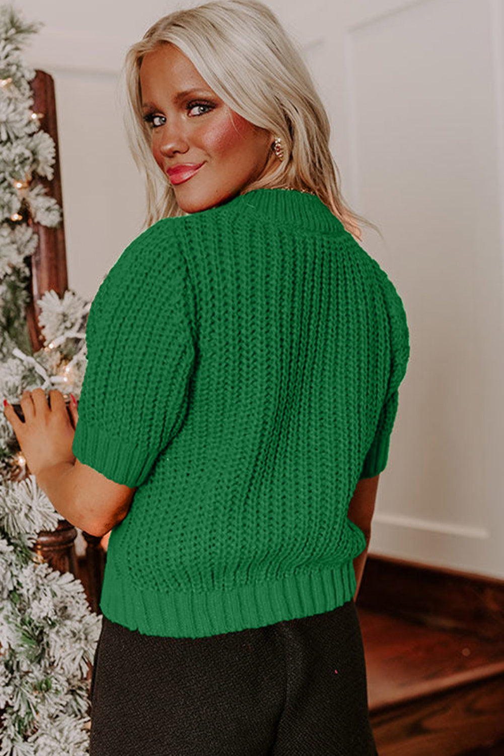 Bright Green Plaid Lace up Detail Christmas Holiday Puff Short Sleeve Sweater