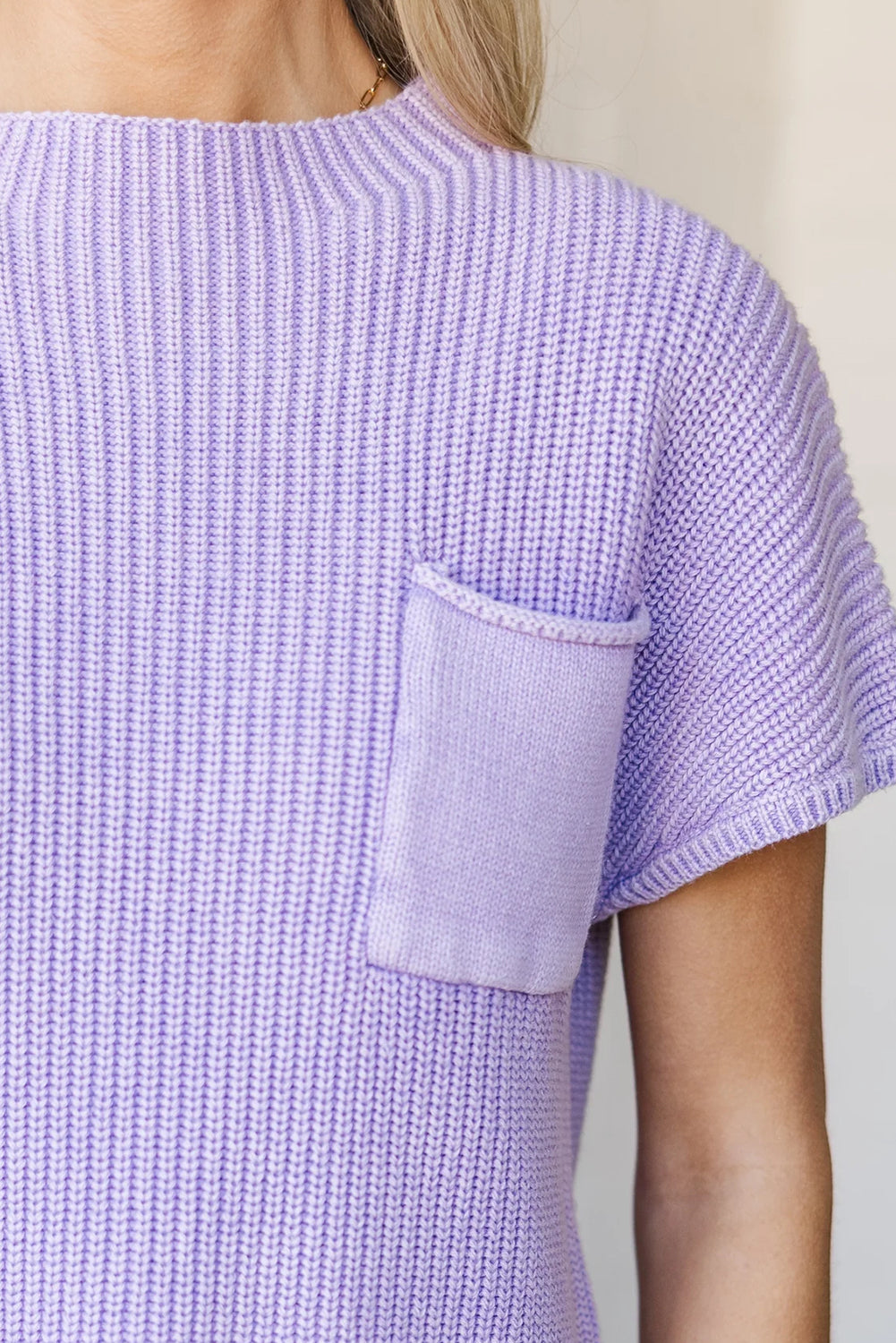 Lavendula Mineral Wash Ribbed Knit Patched Pocket Short Sleeve Loose Sweater