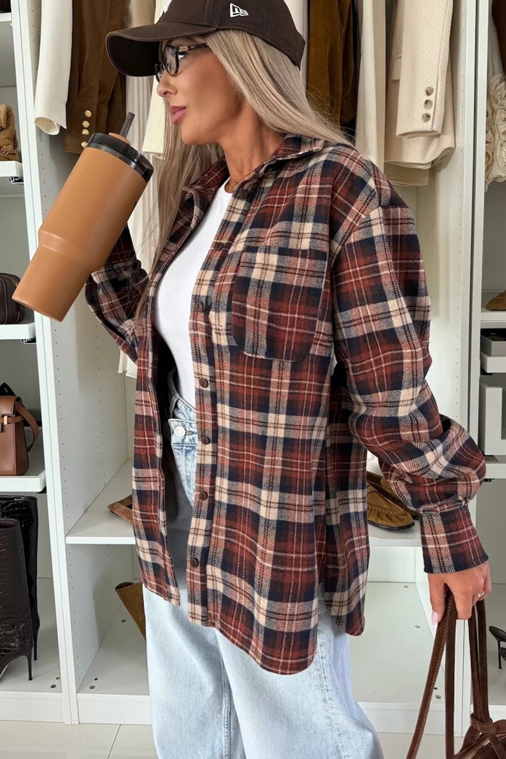 Mineral Red Flanel Plaid Single Chest Pocket Boyfriend Shacket