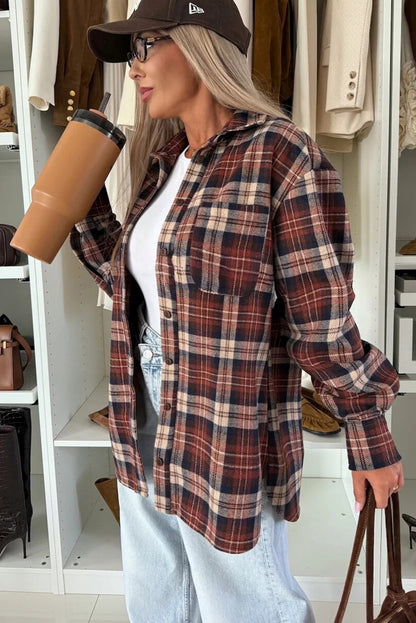 Mineral Red Flanel Plaid Single Chest Pocket Boyfriend Shacket