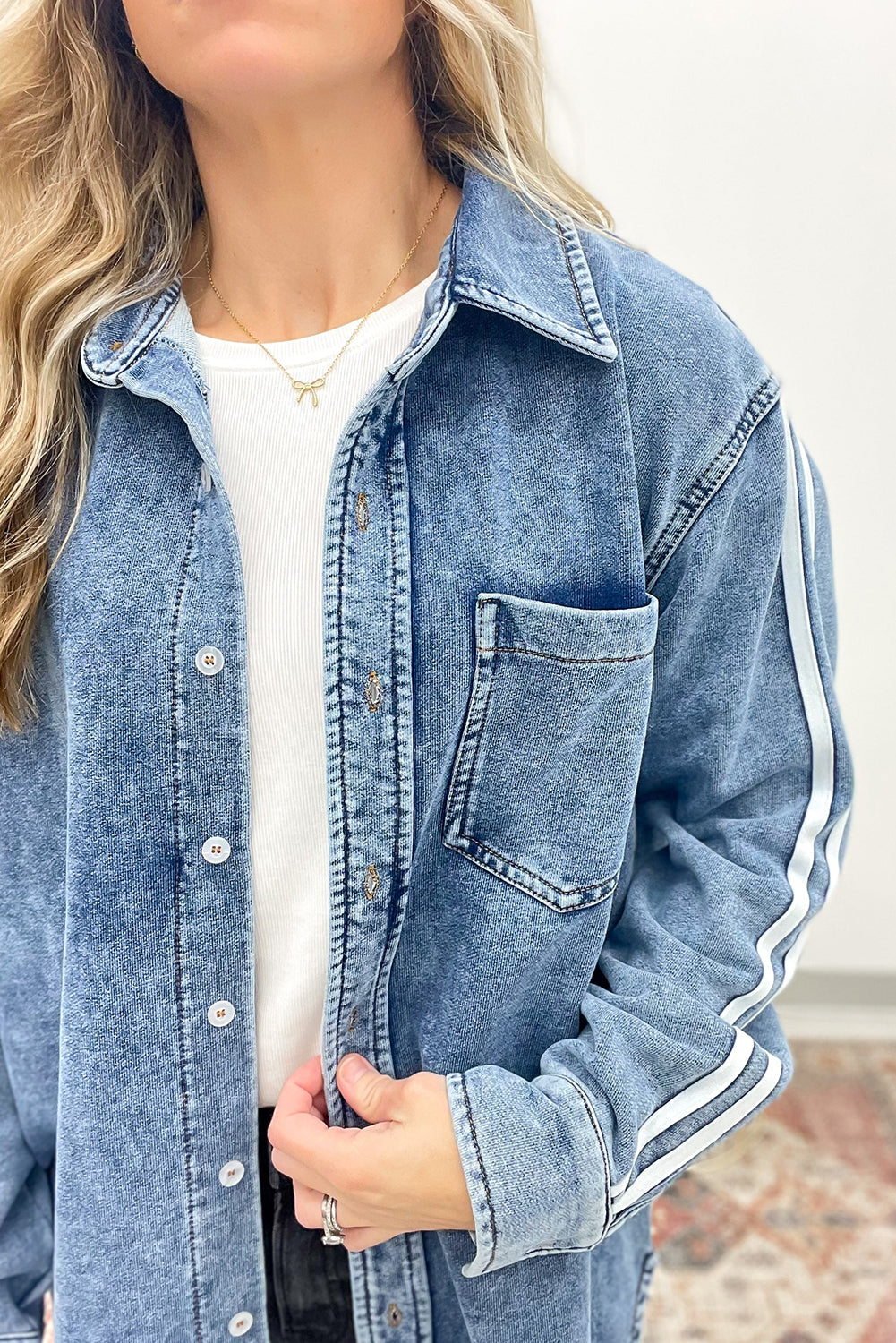 Myosotis Varsity Striped Detail Button Down Loose Denim Jacket