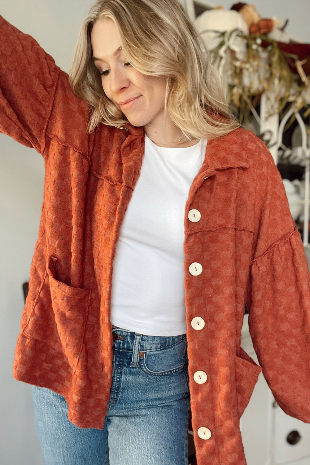 Gold Flame Exposed Seam Detail Cozy Plaid Texture Loose Shacket