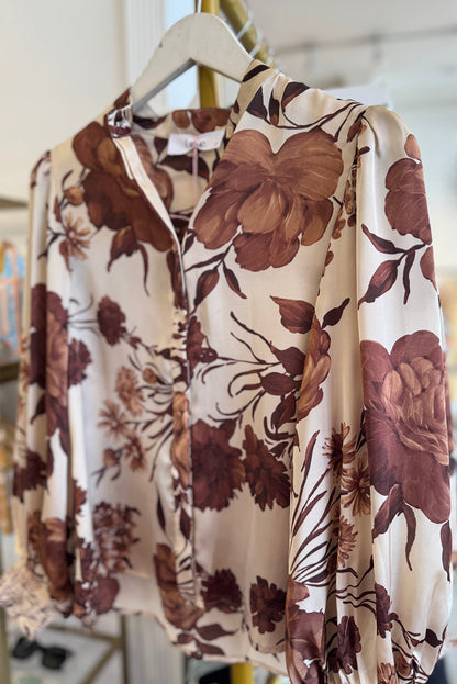 Brown Floral Print Button Down Poet Sleeve Shirt