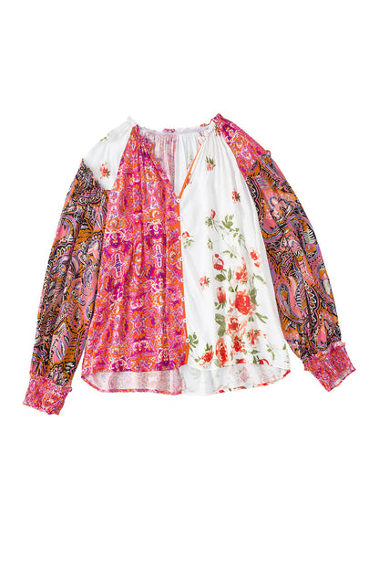Pink Floral Print V-Neck Button-Up Blouse with Shirred Cuffs