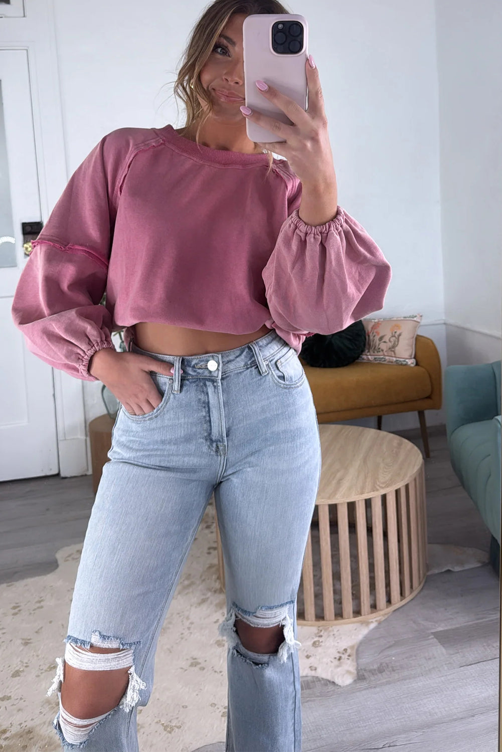 Coral Elastic Cuffs Balloon Sleeve Raw Seam Patchwork Sweatshirt