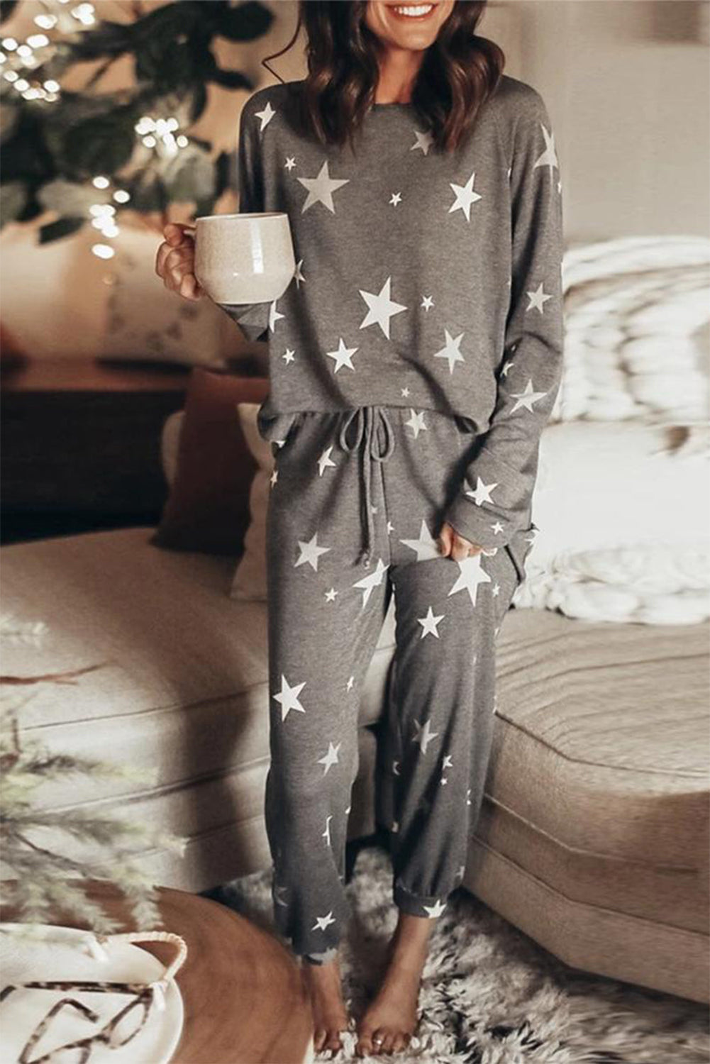 Gray Stars Print Long Sleeve 2pcs Lounge Pants Set