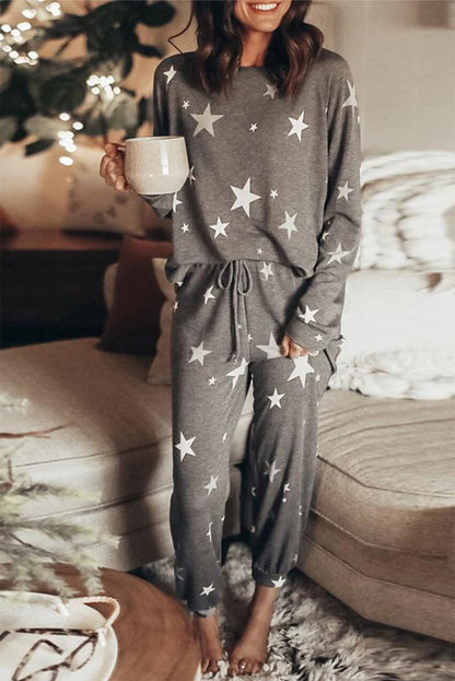 Gray Stars Print Long Sleeve 2pcs Lounge Pants Set