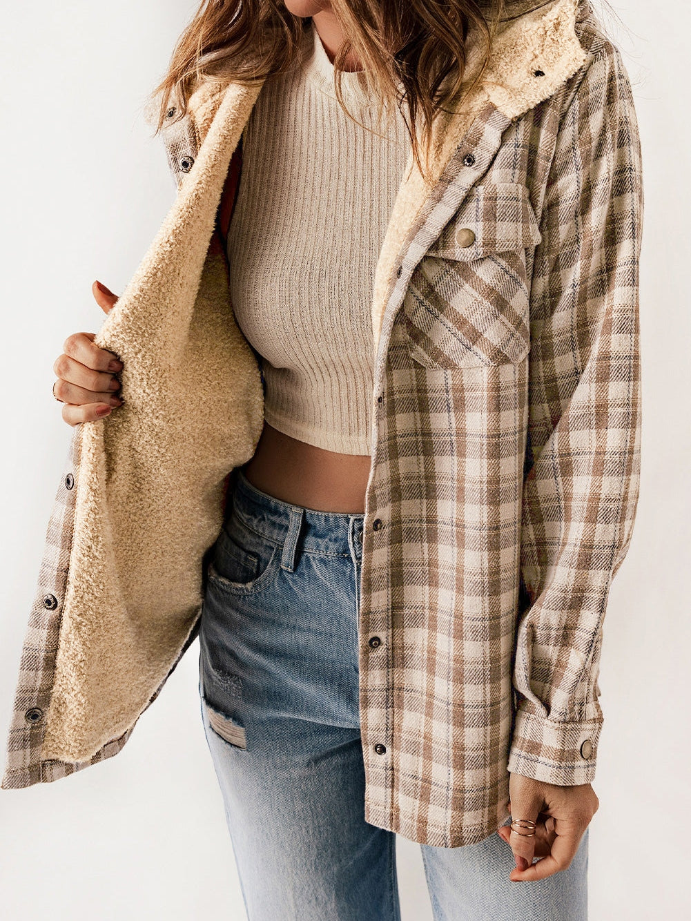 Khaki Checkered Sherpa-Lined Hooded Shacket