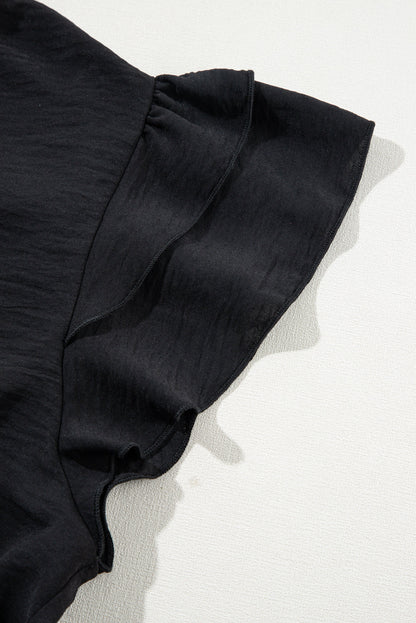 V-Neck Flutter Sleeve Black Textured Plus Size Blouse