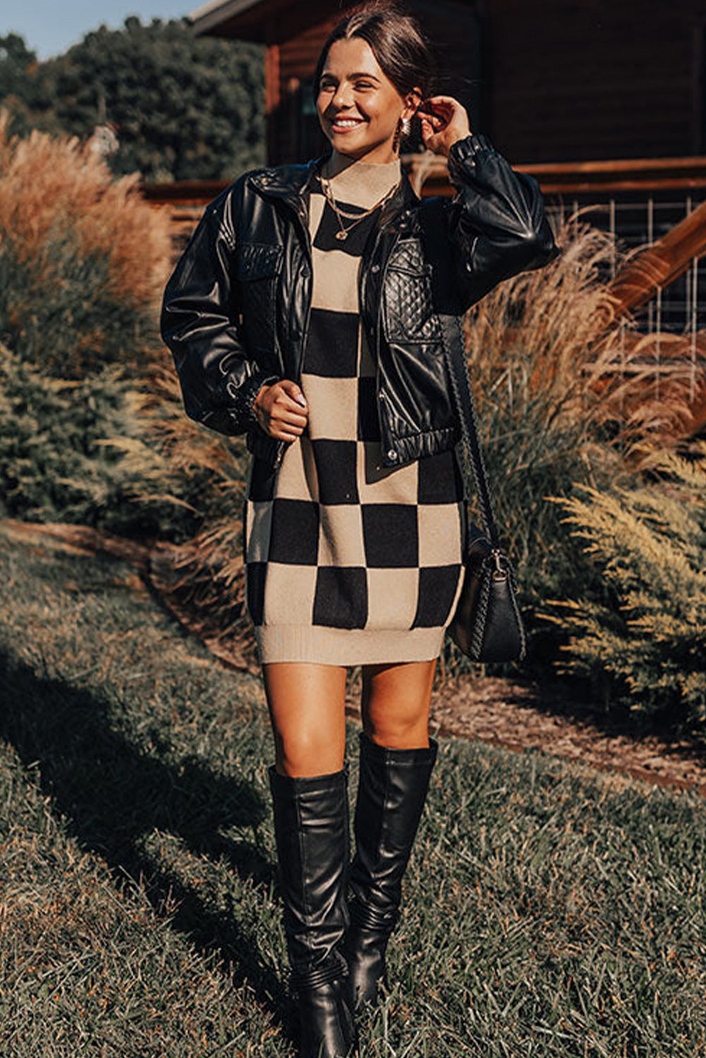 Black Checkered Pattern Knit Drop Shoulder High Neck Sweater Dress