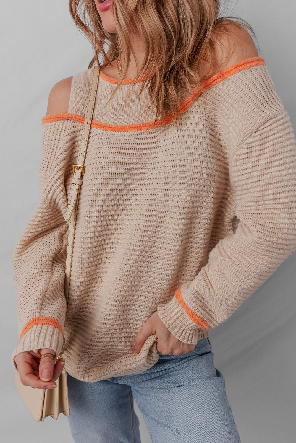 Parchment Contrast Trim Cold Shoulder Patchwork Knit Loose Sweater