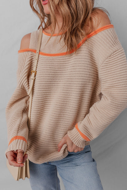 Parchment Contrast Trim Cold Shoulder Patchwork Knit Loose Sweater