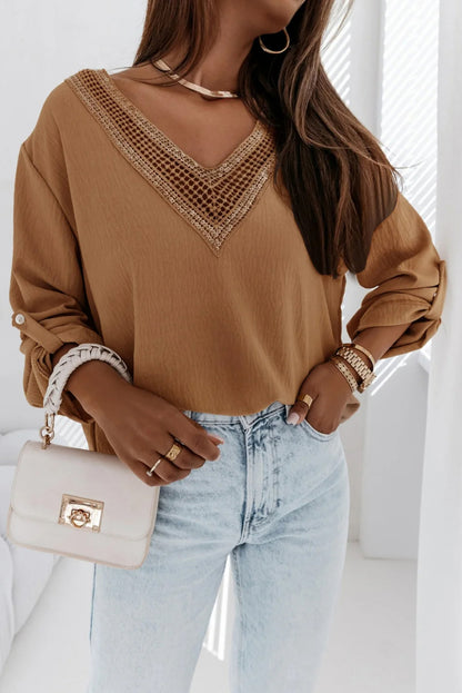 Camel Lace Patchwork V Neck Pinup Sleeve Blouse