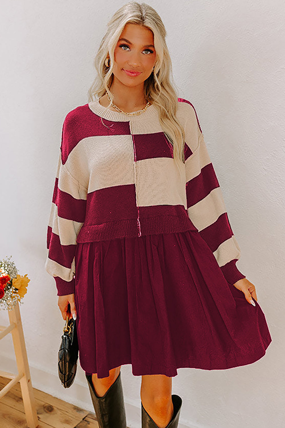 Red Stripe Two in One Knitted Top High Waist Splicing Hem Sweater Dress