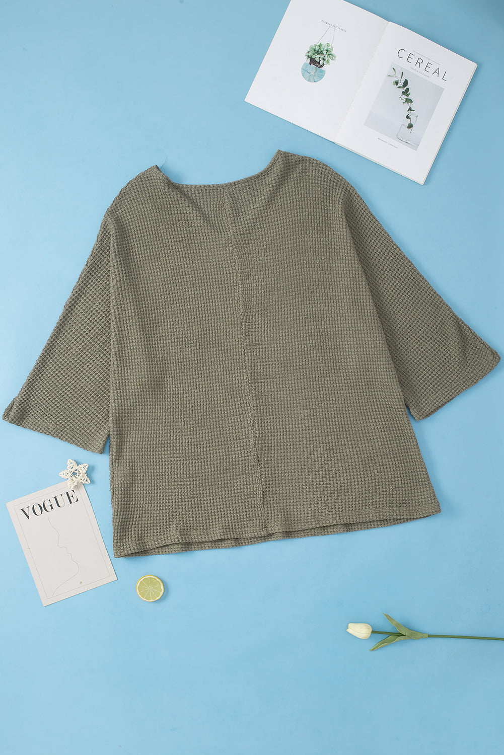 Jungle Green Oversized V-Neck Waffle Knit Dolman Top