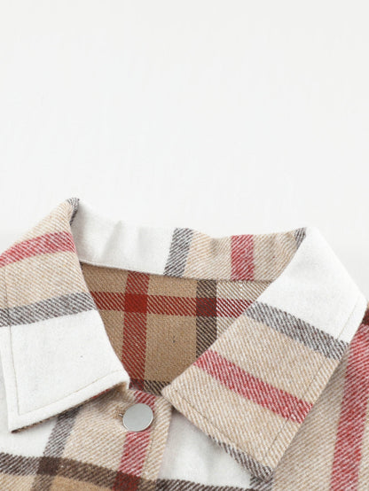 Khaki Plaid Print Sheath Button-Up Coat with Pockets