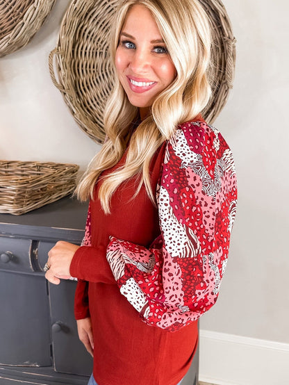 Festive Red Animal Print Lantern Sleeve Patchwork Top