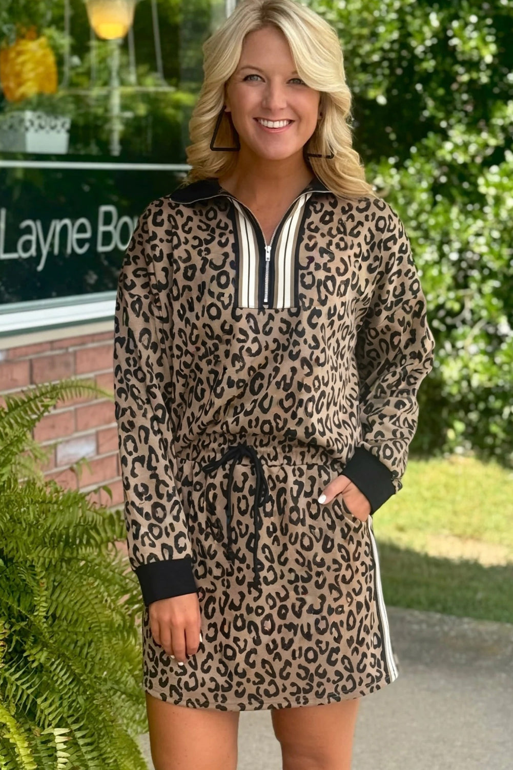 Khaki Leopard Print Quarter Zip Long Sleeve Top Drawstring Mini Skirt Varsity 2pcs Set