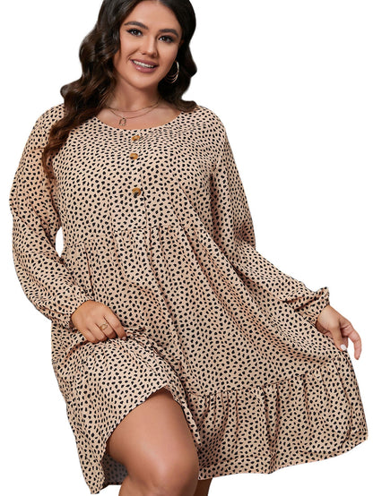 Brown Leopard Spotted Print Tiered Long Sleeve Plus Size Dress