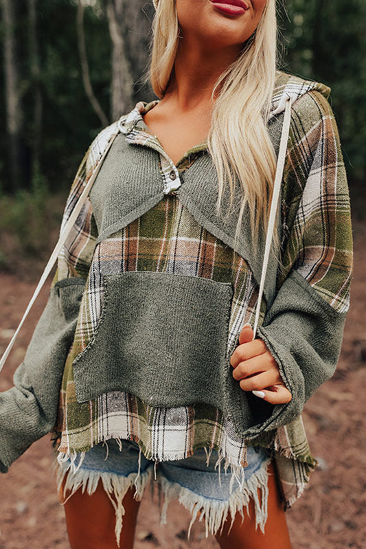 Green Plaid Patchwork Distressed Raw Hi Low Hem Kangaroo Pocket Hoodie