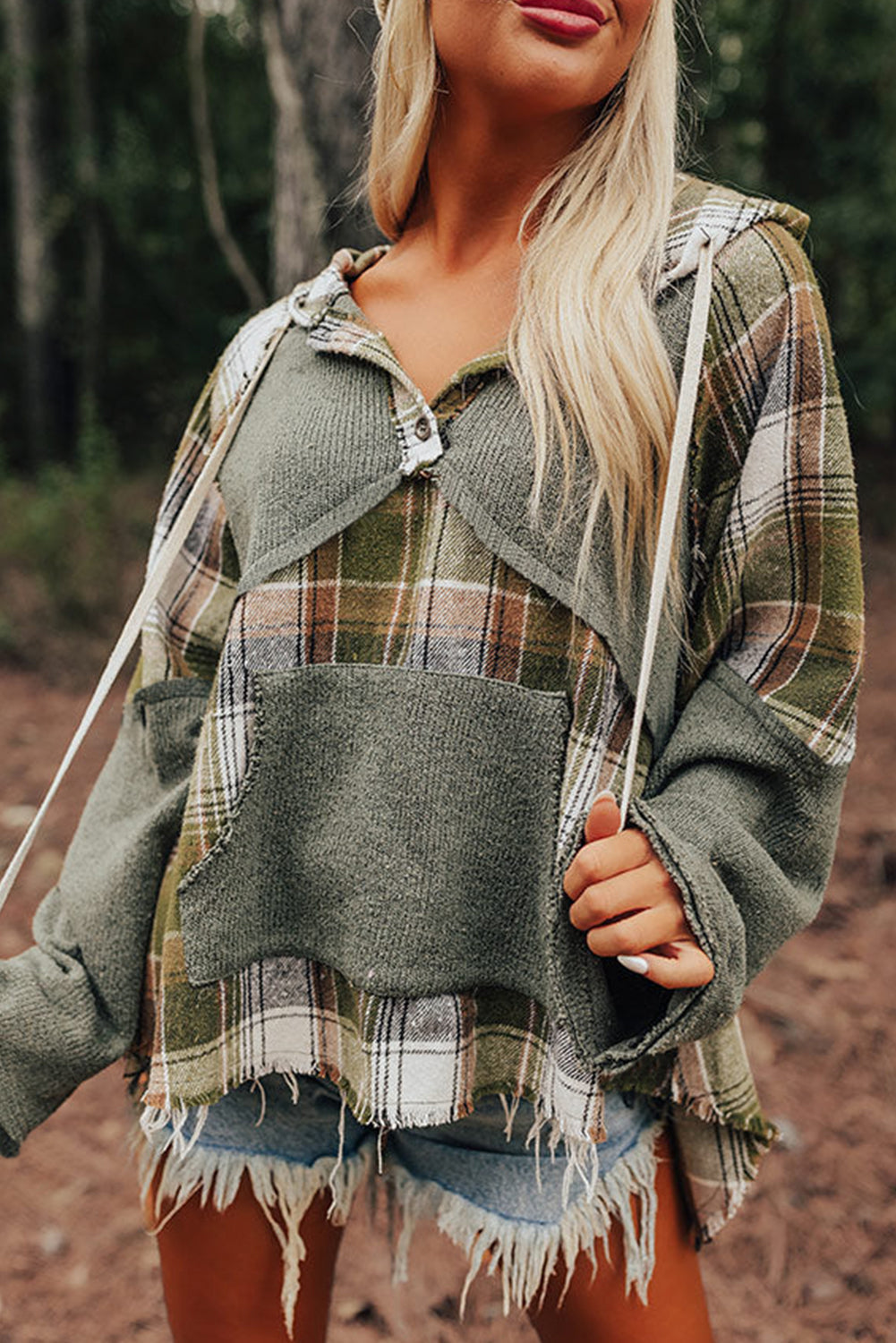 Green Plaid Patchwork Distressed Raw Hi Low Hem Kangaroo Pocket Hoodie
