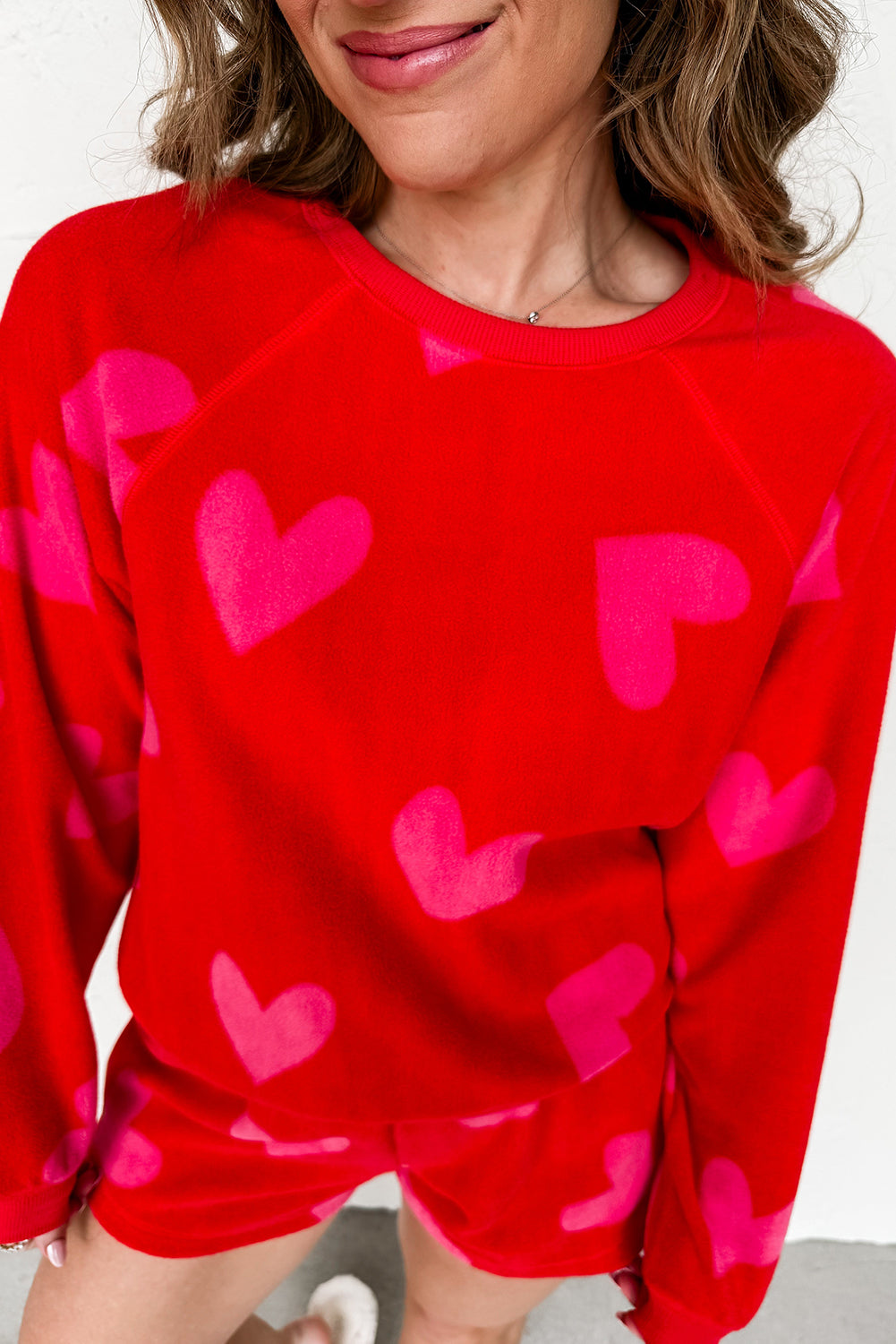 Red Valentines Heart Pattern Soft Fleece 2pcs Short Set