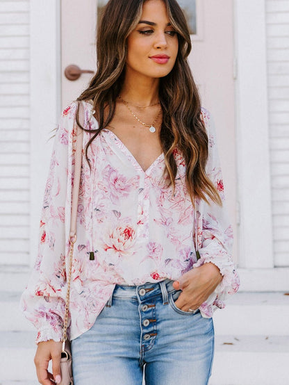 Floral Blossom V-Neck Ruffle Sleeve Blouse