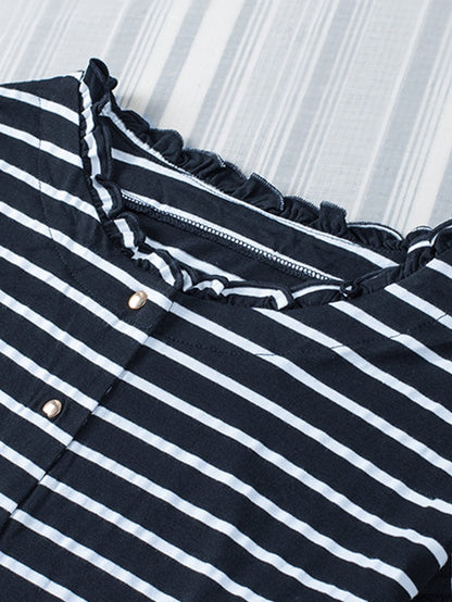 Elegant Black Striped Ruffled Button-Up Blouse