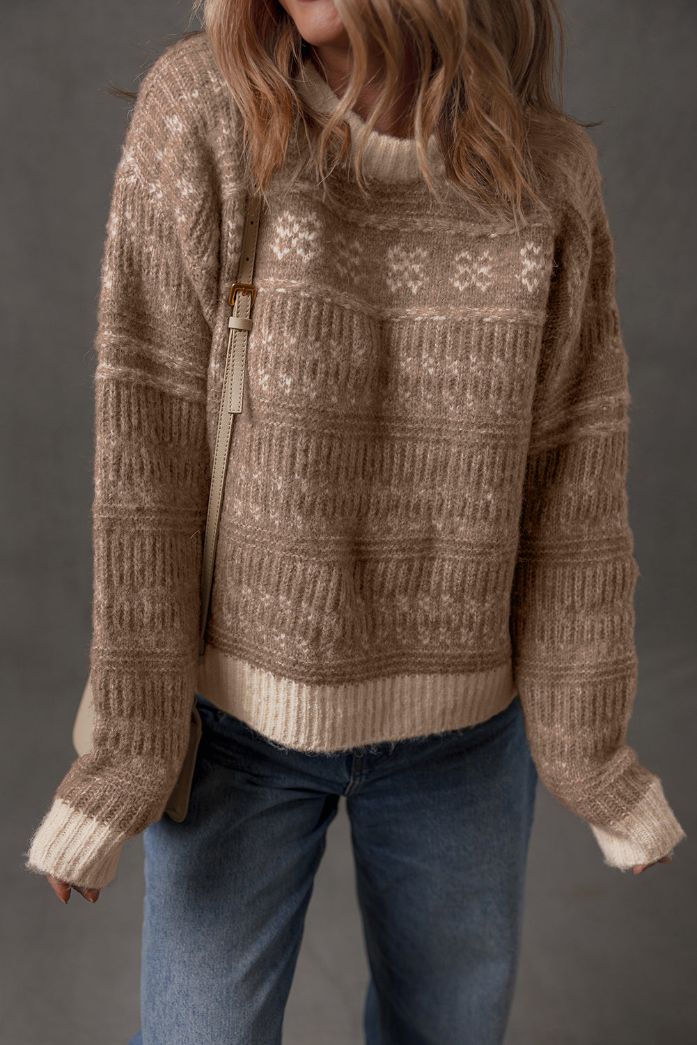 Dark Brown Geometric Knit Color Contrast Drop Sleeve Sweater