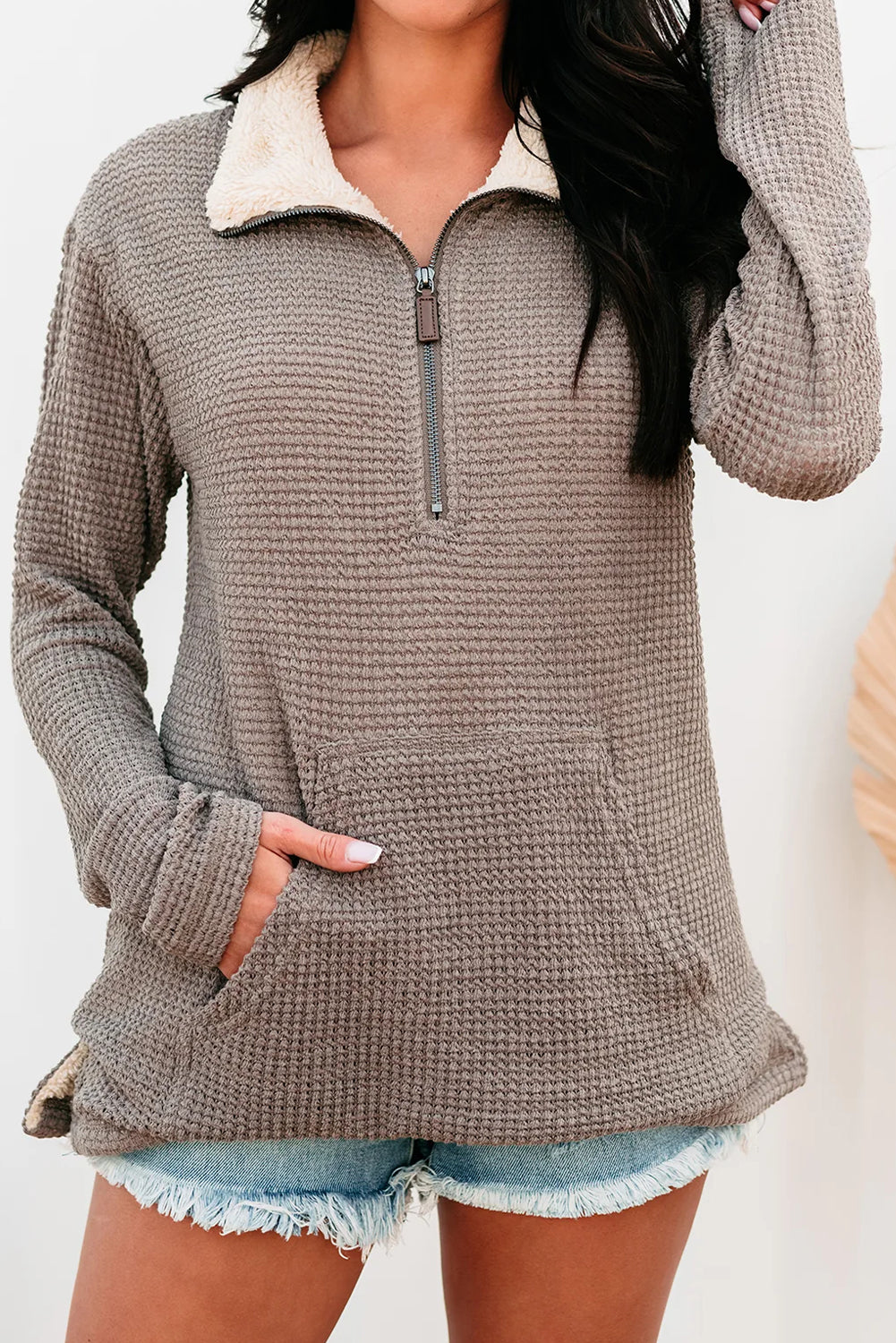 Goat Waffle Knit Contrast Sherpa Collar Quarter Zip Pullover Top