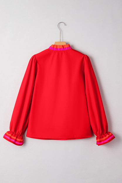 Fiery Red Striped Trim Ruffle Split Neck Long Sleeve Blouse