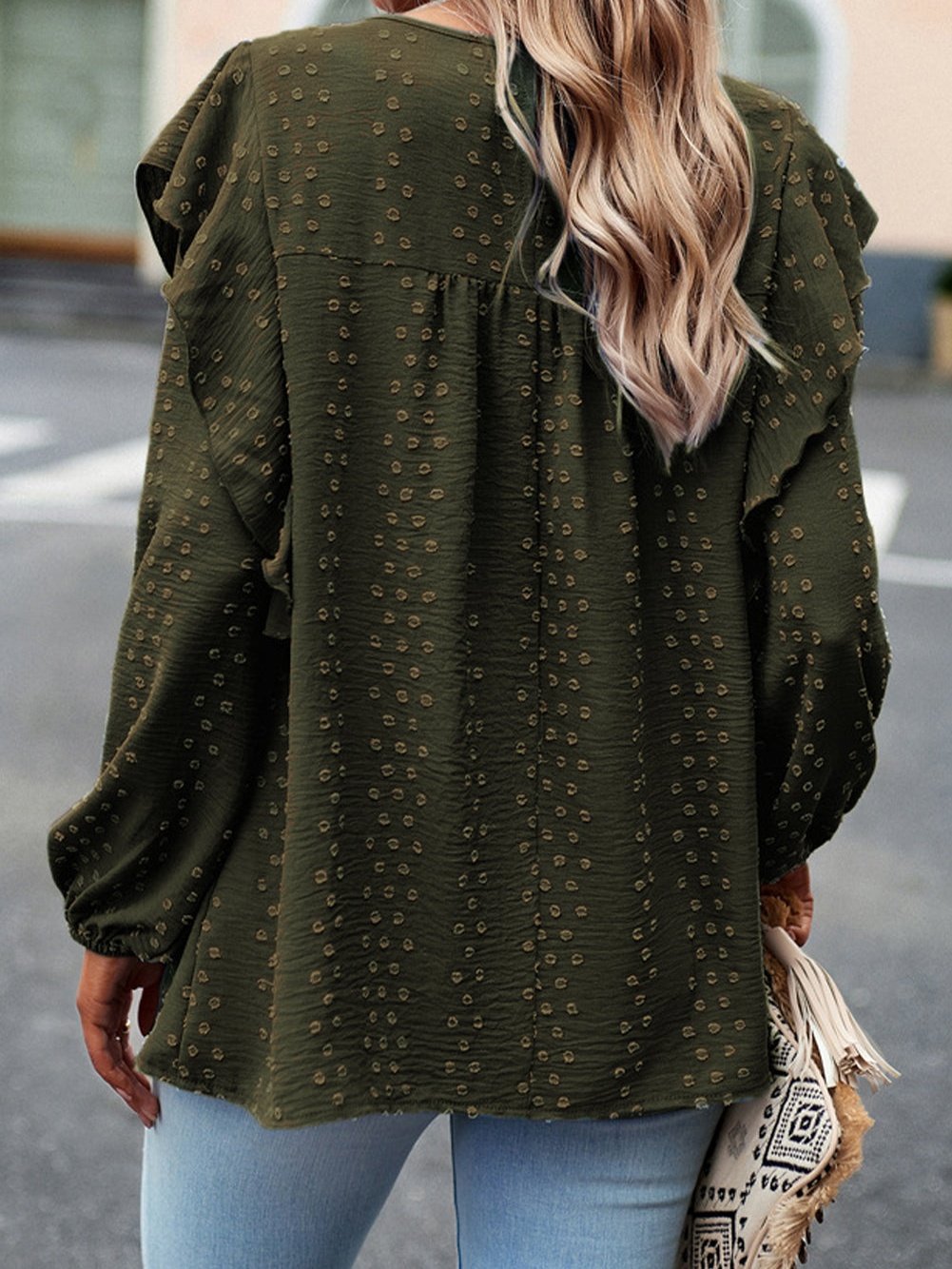 Elegant Green Lace Eyelet Shoulder Ruffle Long Sleeve Top