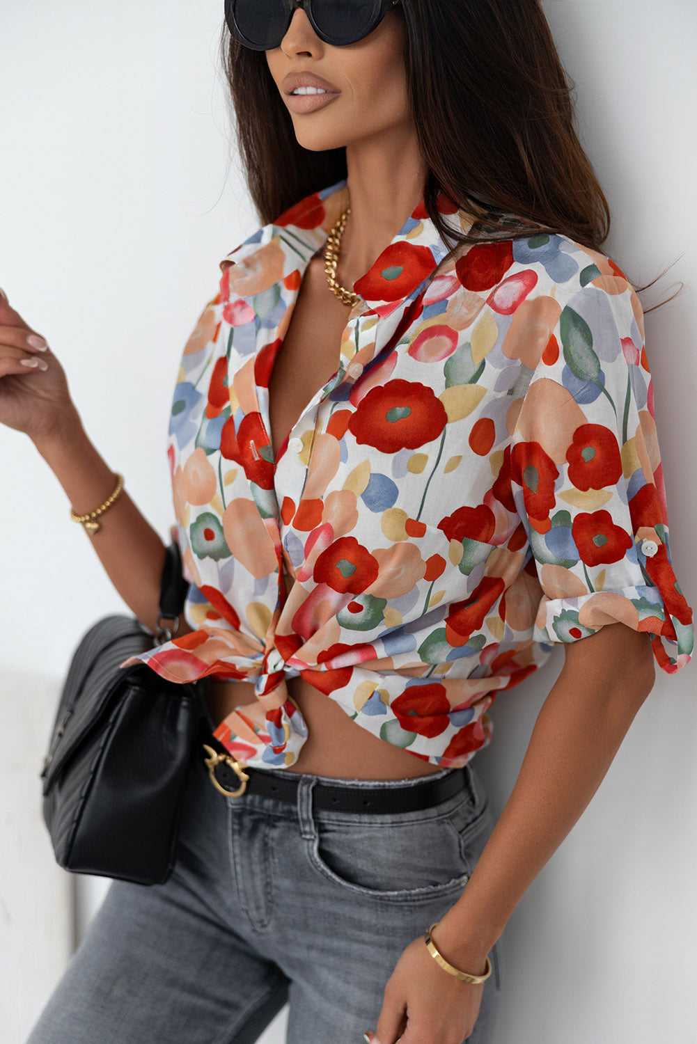Ink Blossom Lapel Long Sleeve Blouse