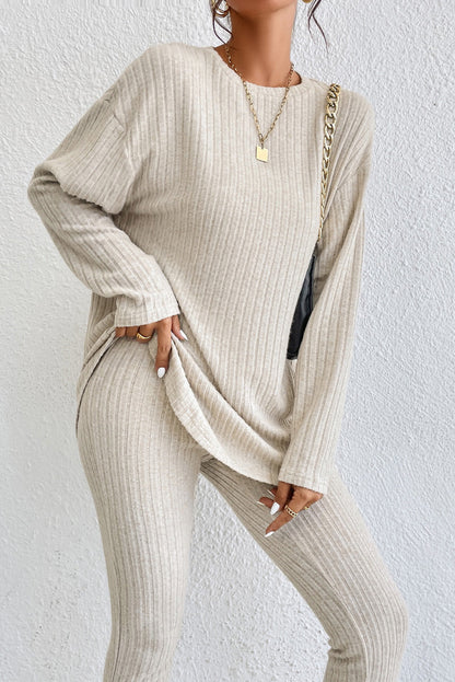Apricot Ribbed Knit Lounge Set with Long Sleeve Top and Skinny Pants