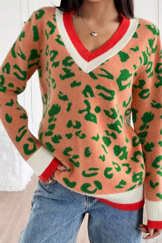 Orange Leopard Pattern Knit Contrast Striped Trim V Neck Sweater