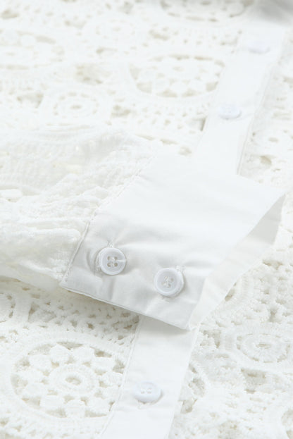 Elegant White Crochet Lace Button-Up Shirt with Turn-down Collar