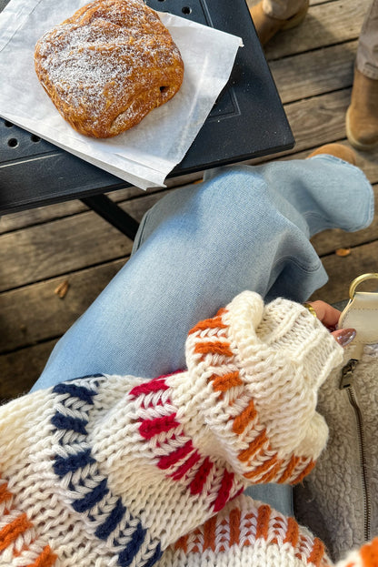 Beige Stripe Playful Knit Drop Shoulder Puff Sleeve Sweater