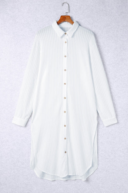 White Striped Crinkle Button Front Shirt Dress Cover-Up