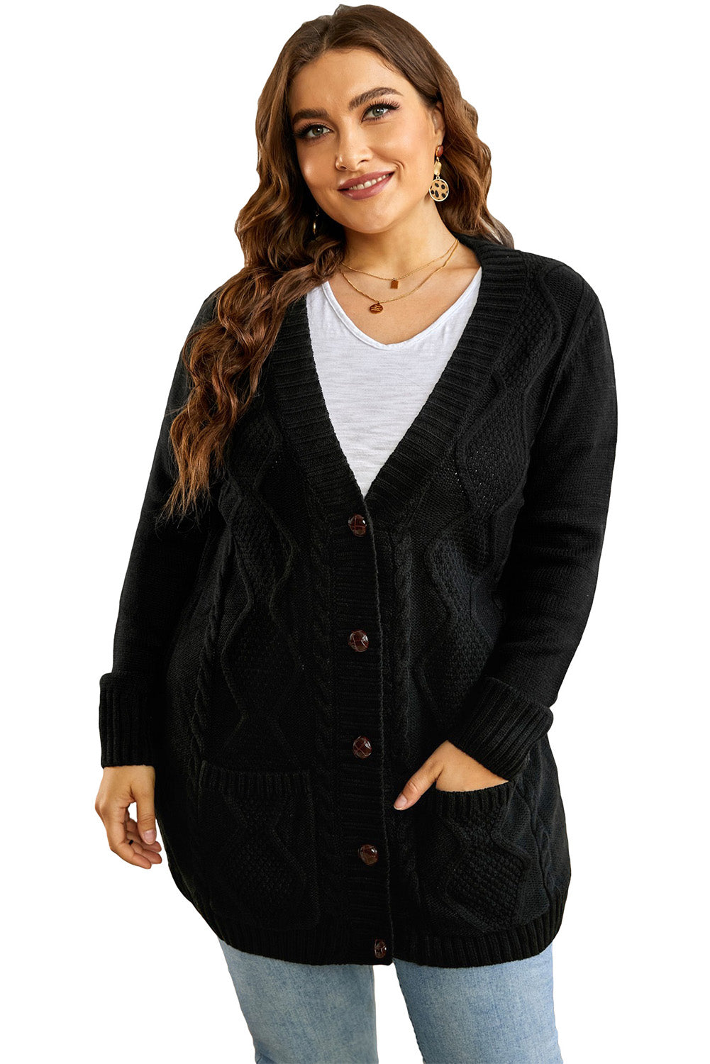 Black Front Pocket and Buttons Closure Cardigan
