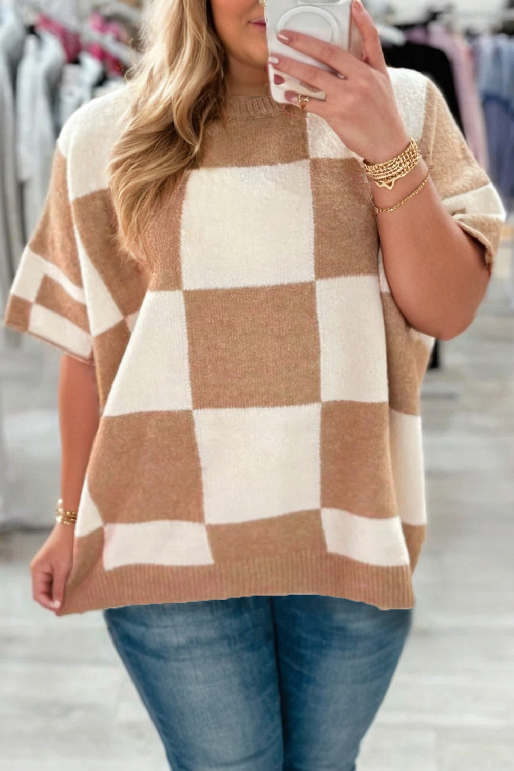 Light French Beige Plus Size Checkered Pattern Knit Short Sleeve Sweater