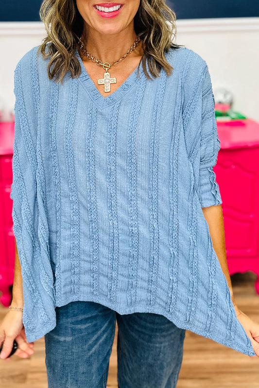 Myosotis Lacy Striped Texture 3/4 Sleeve Dolman Blouse
