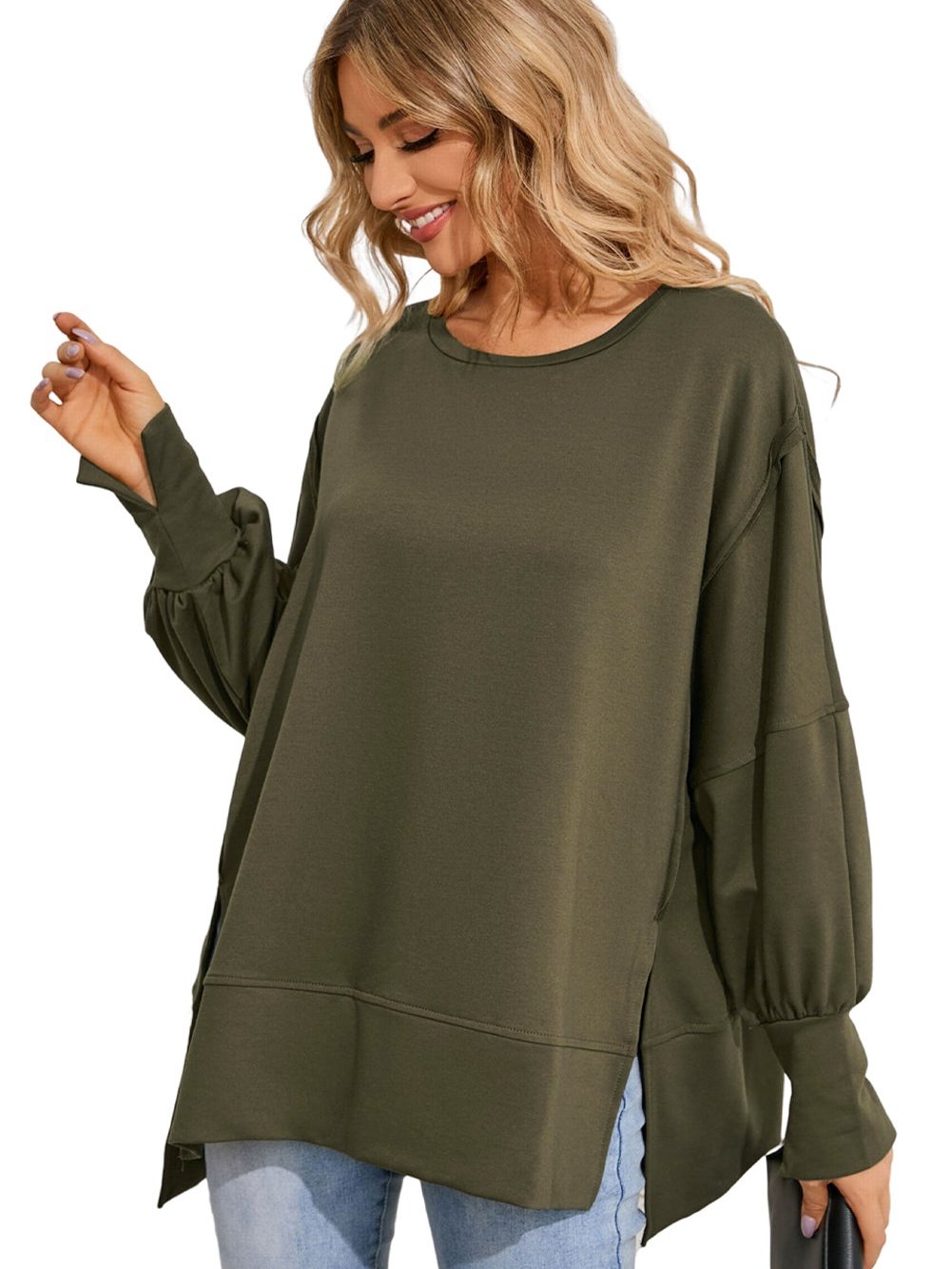 Green Patchwork Oversized Drop Shoulder Top